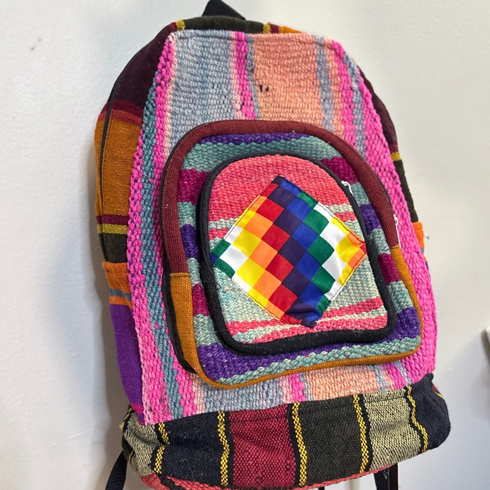 Colourful Woven Striped Backpack Front Pocket Rainbow Wiphala Made in Andes SA - Picture 4 of 16
